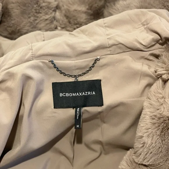 BCBG Felicia Faux Fur Hooded Coat SUPER SOFT Shiny, Caramel, Tan